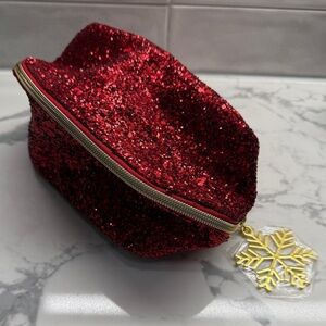 Christmas Holiday Red glitter cosmetic zip bag with gold snowflake charm new